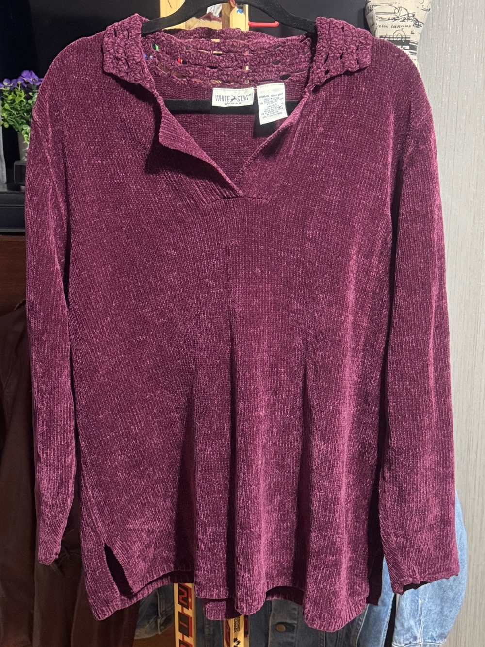 Vintage White Stag Plum Chenille Textured Crochet Collar Top Size 18W/20W